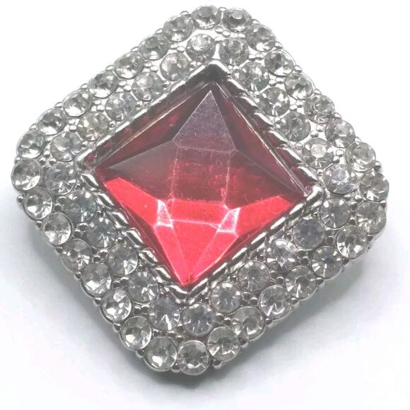 Vintage Earrings Clip Diamond Shape Red Glass Rhinestones Silvertone Statement - Picture 4 of 8